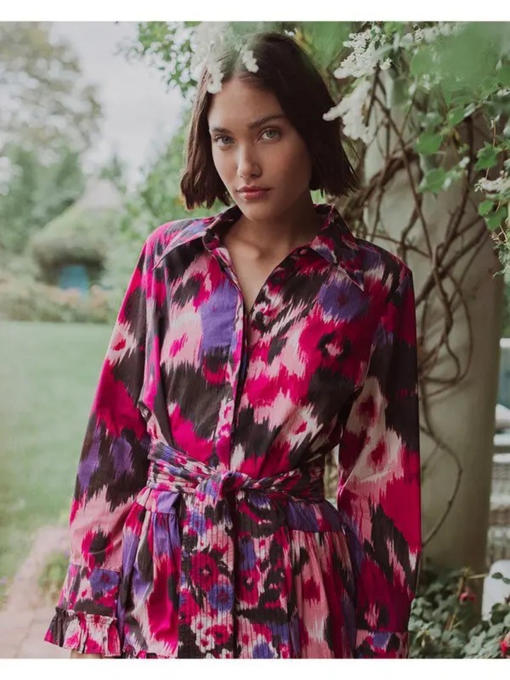 Figue Vibrant Pink & Purple Printed Long Sleeve Button up Dress